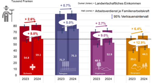 Statistik zum Arbeitsverdienst pro Arbeitskraft im Vergleich 2023 und 2024 ( Quelle: Agroscope, Zentrale Auswertung von Buchhaltungsdaten, Zufallsstichprobe «Einkommenssituation», geändert  Daniel Hoop/Agroscope)