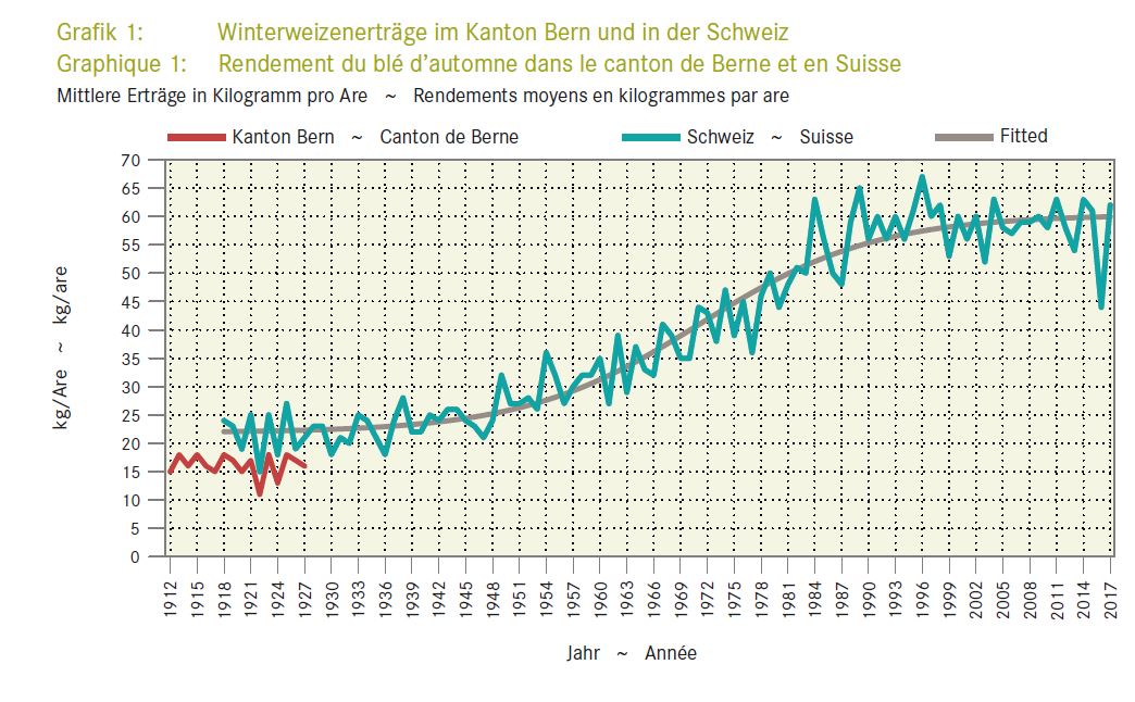 Rendement du blé d’automne dans le canton de Berne et en Suisse